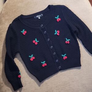 MAK Black Knit Cardigan Sweater With Crochet Red Cherries